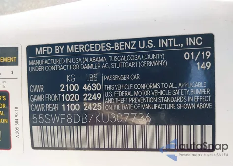 2019 Mercedes-Benz C 300 из США, поврежденный, VIN 55SWF8DB7KU307736